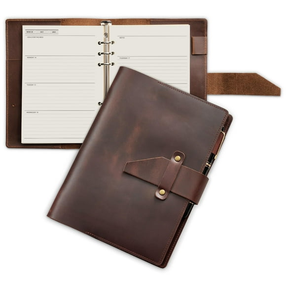 Nekmit Leather Planner 2025, A5 Refillable Runs From March 2025 to June 2026 Ring Binder 5"x8" Planner Monthly Weekly, Crazy Horse Leather Cover with Storage Pockets