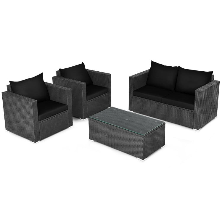 Aimee Lii 4 Pieces Patio Rattan Conversation Set, Small Patio Set with Padded Cushion and Tempered Glass Coffee Table, Black Aimee Lii 4 Pieces Patio Rattan Conversation Set, Small Patio Set with Padded Cushion and Tempered Glass Coffee Table, Black