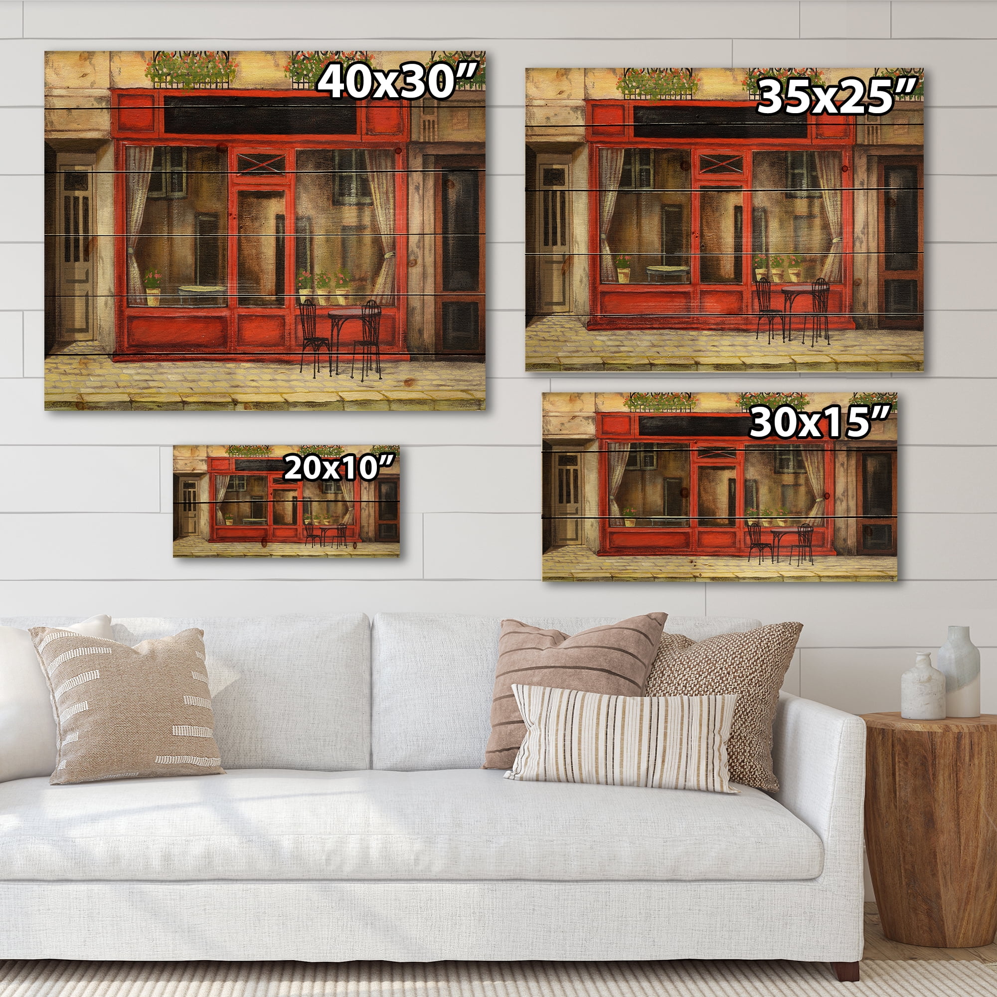 Designart 'Red Facade of Charming Shop In Paris Street I' French Country Print on Natural Pine Wood