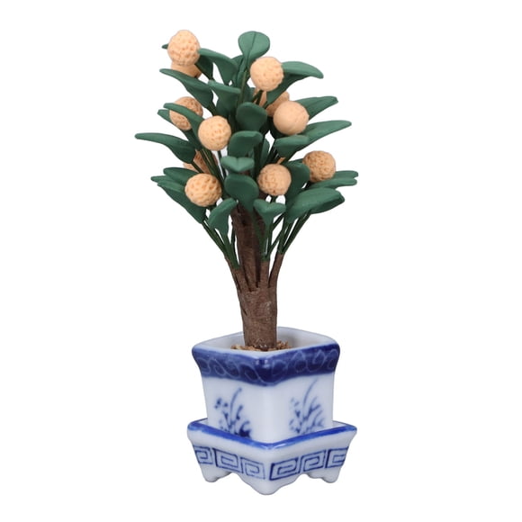 Mini decoración de Árbol de naranja de muñecas, porcelana blanca azul de porcelana de muñeca naranja en maceta 1:12 Photo Prop vívido atractivo para el entreteniMientO