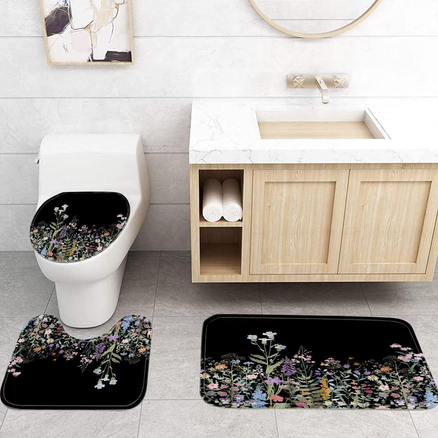 4 Pcs Floral Shower Curtain Set Black Shower Curtain and Rug Set Colorful Floral Bathroom Decor Sets with Shower Curtains and Rugs and Accessories Flower Bathroom Shower Curtain Set with 12 Hook