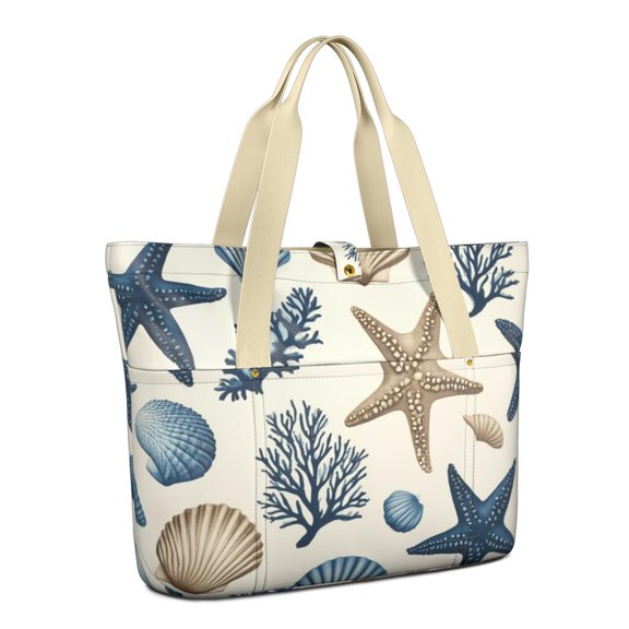 Tote Bag for Women - Coastal Coral Starfish Shoulder Bag - Large Utility Work Duffle Bag with Zipper Handbag for Travel, Work, Sprots