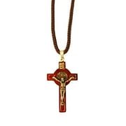 Saint Benedict Cherry Wooden Crucifix Pendant Rope Cord Necklace with Gold Tone