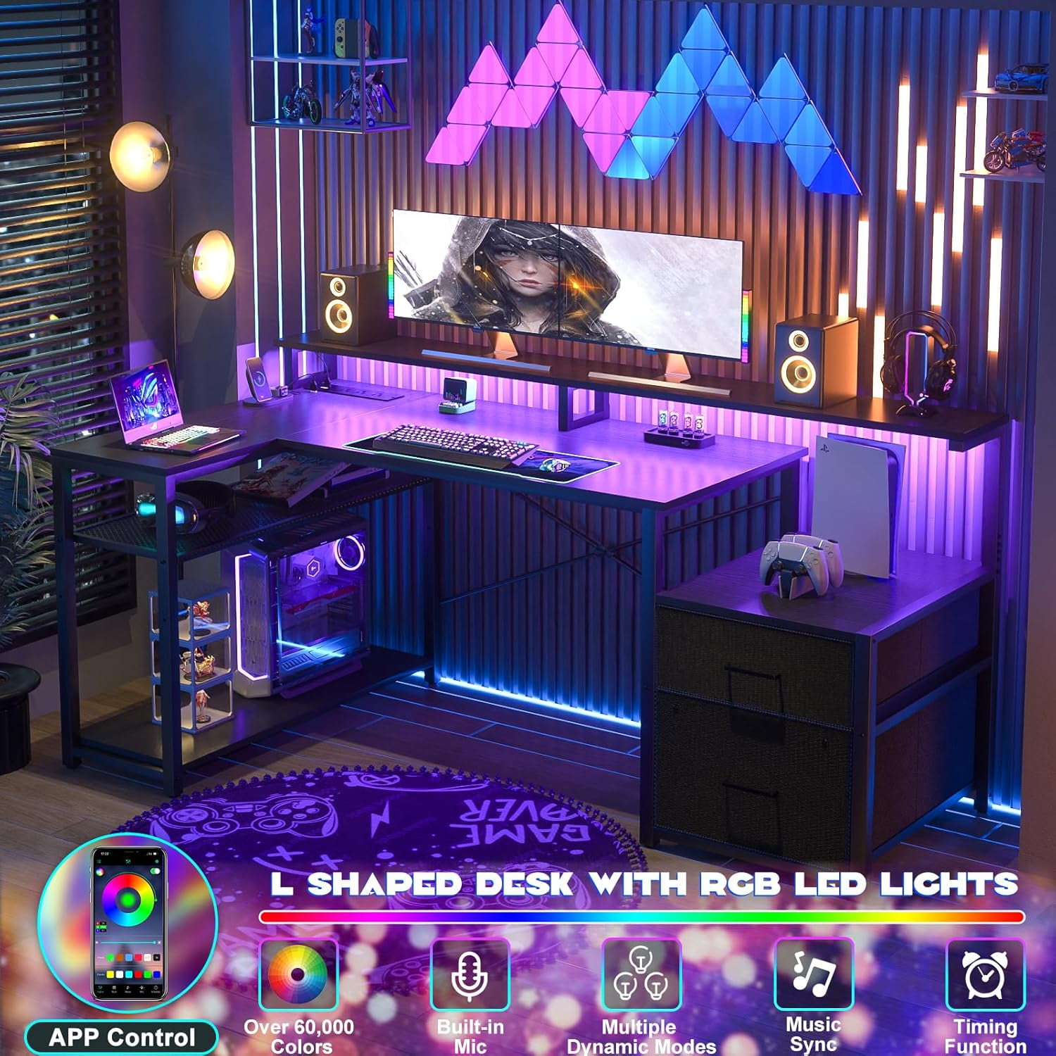 Homieasy L Shaped Desk with Drawer, Reversible L Shaped Gaming Desk with Power Outlet & LED Strip, Home Office Desk with Monitor Shelf, Corner Desk with Storage Shelves,Black