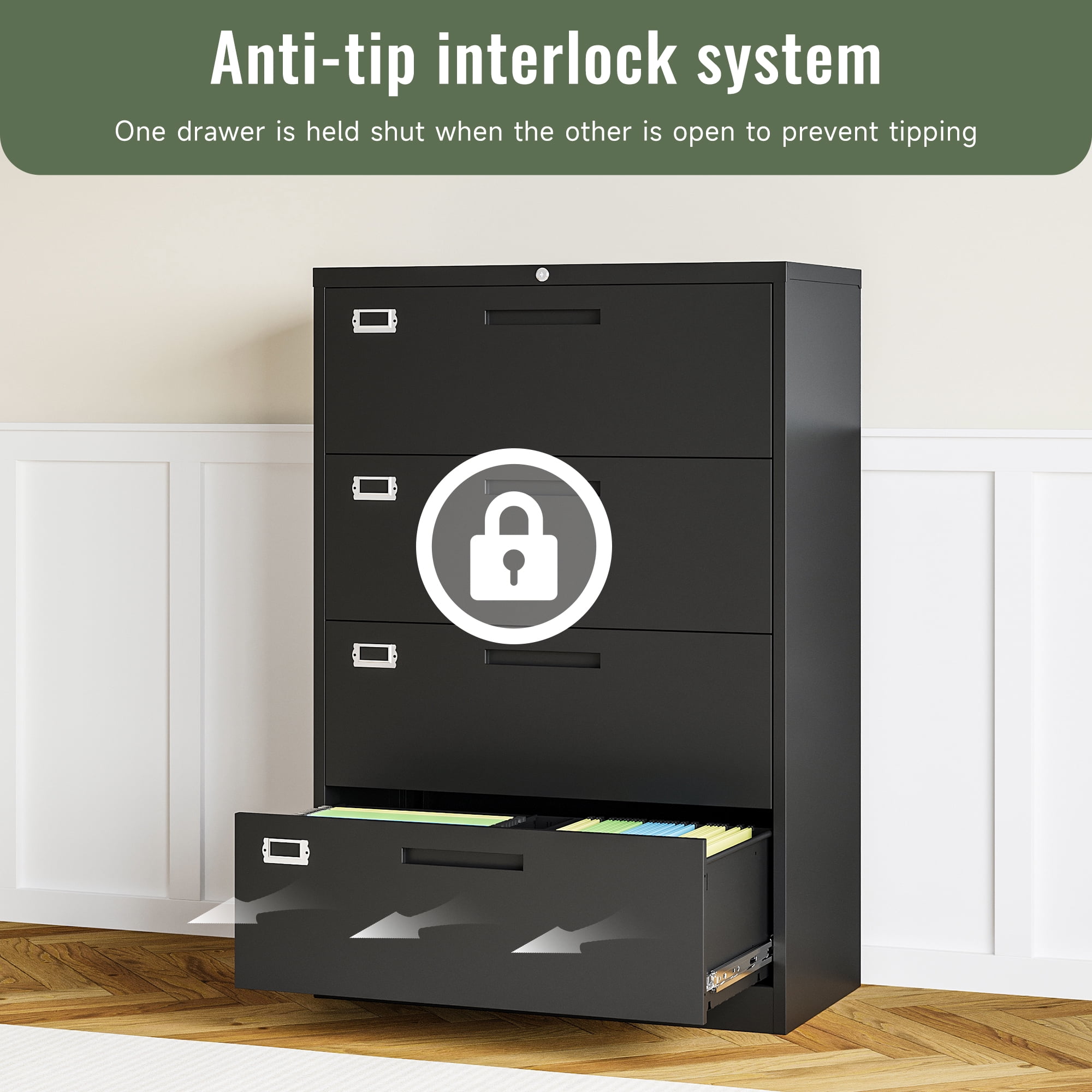 AUHUP 4 Drawer File Cabinet with Lock, Metal Lateral Filing Storage Cabinet Fits Letter/Legal/F4/A4 Size, File Cabinets for Home Office (Black-Assembly Required)