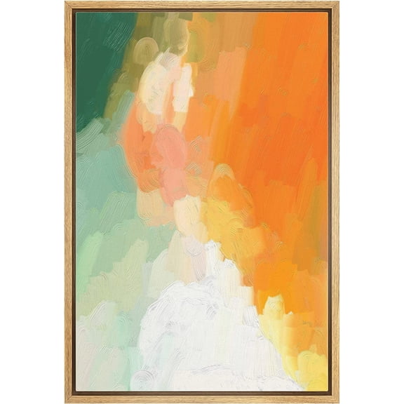 IDEA4WALL Framed Canvas Print Pastel Green, Orange & White Paint Strokes Abstract Wall Art Modern Artwork Decor Bohemian Colorful Relax/Zen for Living Room, Bedroom - Natural 16"x24"