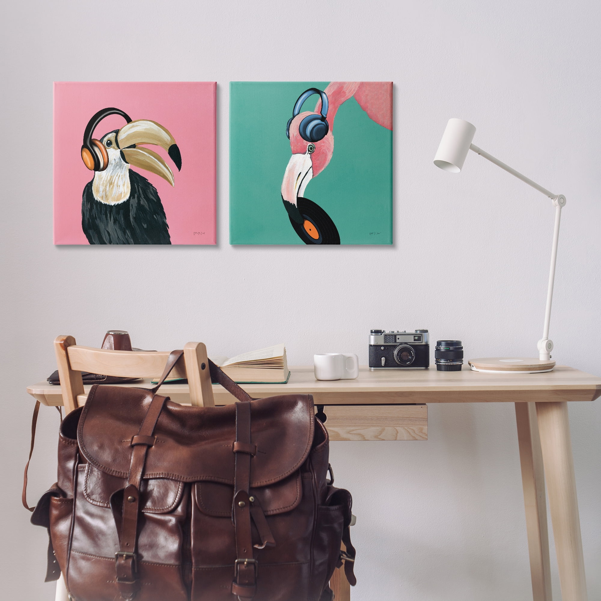 Stupell Industries Toucan and Flamingo Musical Pals Animals Painting Wrapped Canvas Art Print Wall Art, 17 x 17, Set of 2