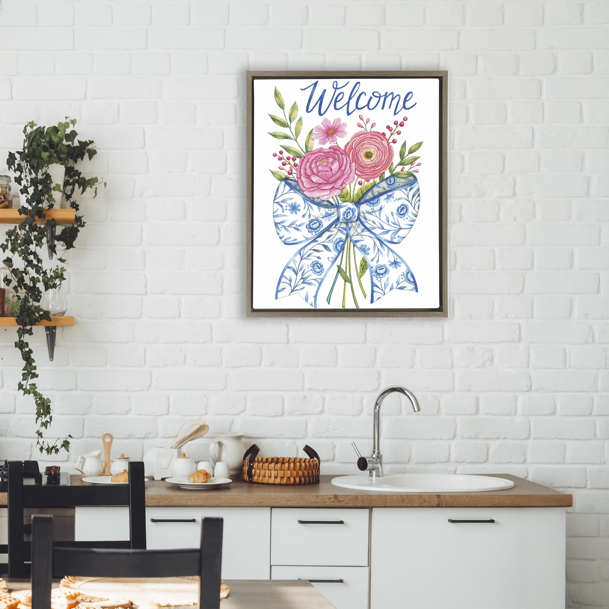 Stupell Industries Bow & Flowers Welcome Brown Framed Floater Canvas Wall Art, design by Deb Strain