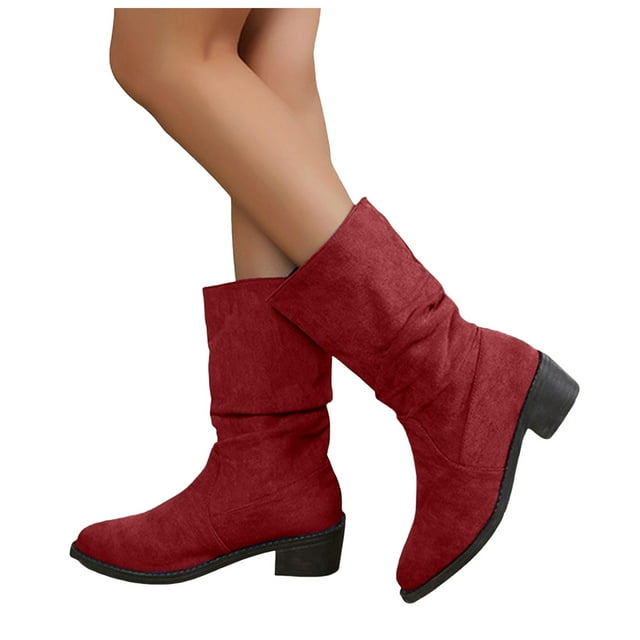 Womens Slouchy Wide Mid Calf Boots Fashion Winter Fall Suede Pointed Toe Mid Heel Slip on Dress Short Booties