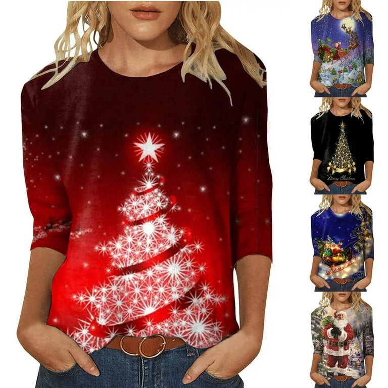 YanHoo Christmas Tops for Women 2023 Funny Graphic 3/4 Sleeve Shirts  Crewneck Blouse Sweatshirts Walmart Prime Sale Teen Girls Christmas Gifts  under 10 dollars Clearance 