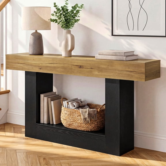 SEJOV 63" Console Table, 2-Tier Entryway Sofa Table with Storage Shelf, Brown Wood
