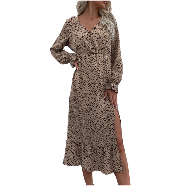 Vestido largo de fiesta de manga larga con cuello en V y estampado de leopardo informal para mujer a la moda Fridja NMB4723