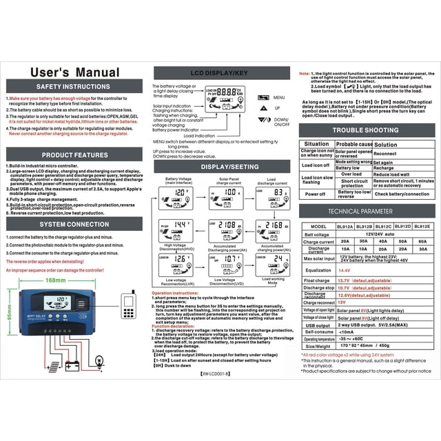 60A Solar Controller Dual USB LCD Display Auto Solar Cell Panel Regulator