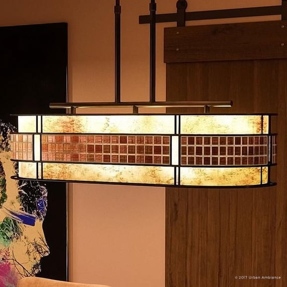 Urban Ambiance Luxury Art Deco Linear Chandelier, Large Size: 21"H x 37"W, with Moroccan Style Elements, Copper Revival Finish and Oyster Mica Inner Shade, Mosaic Tile Outer Shade, UQL2432