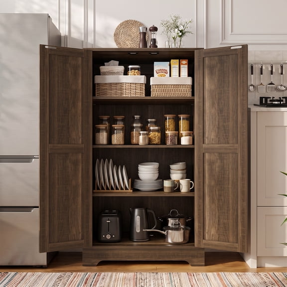 Homieasy 43" Tall Farmhouse Kitchen Pantry Cabinet, Small Food Storage Huch Cabinet with 3 Adjustable Shelves for Small Spaces, Weathered Brown