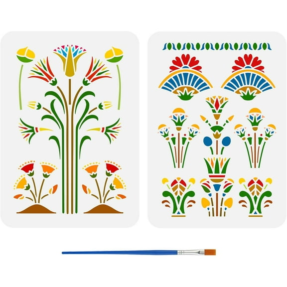 1set 2 pcs Art Nouveau Egyptian Flowers Stencil with 1 pc Plastic Paint Brush 8.3x11.7inch Egyptian Lotus Flower Stencil Egyptian Floral Stencil for Painting on Wood Floor Wall Furniture