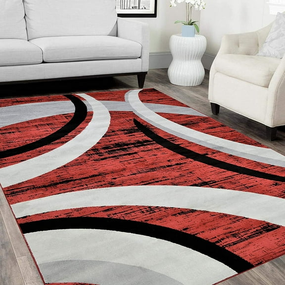 HR Abstract Rugs Luxury Livingroom Carpet Modern Contemporary 5x7 red Area Rug Ultra-Soft, Shed Free Stain Resistant Swirls Red/Silver/Gray/White 5' x 7'
