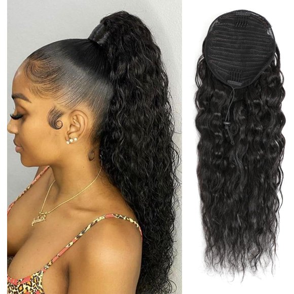 Datanala Water Wave Ponytail Extensions Human Hair Drawstring Ponytail Extension Brazilian Remy Water Wave Human Hair Ponytail Clip in Hair Extensions Nature Black Color for Blac
