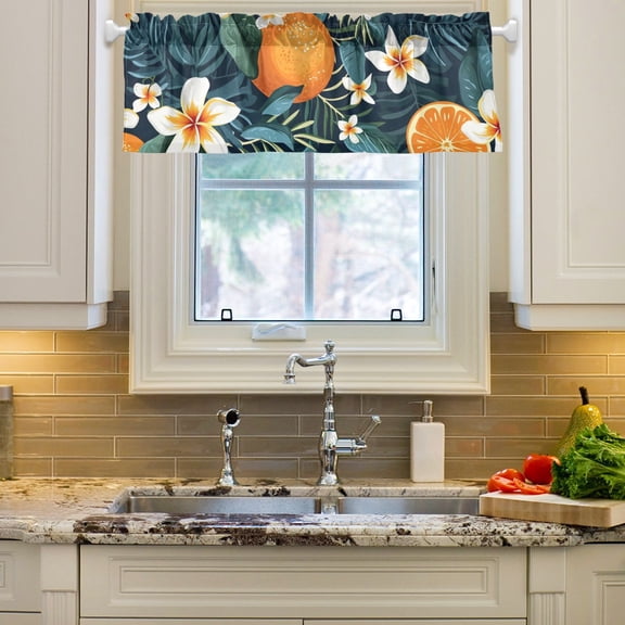 Orange Flowers Leaves Curtain Valances Farmhouse Design Window Treatment Decor Blackout Rod Pocket for Windows Living Room Kitchen 54" x 18"
