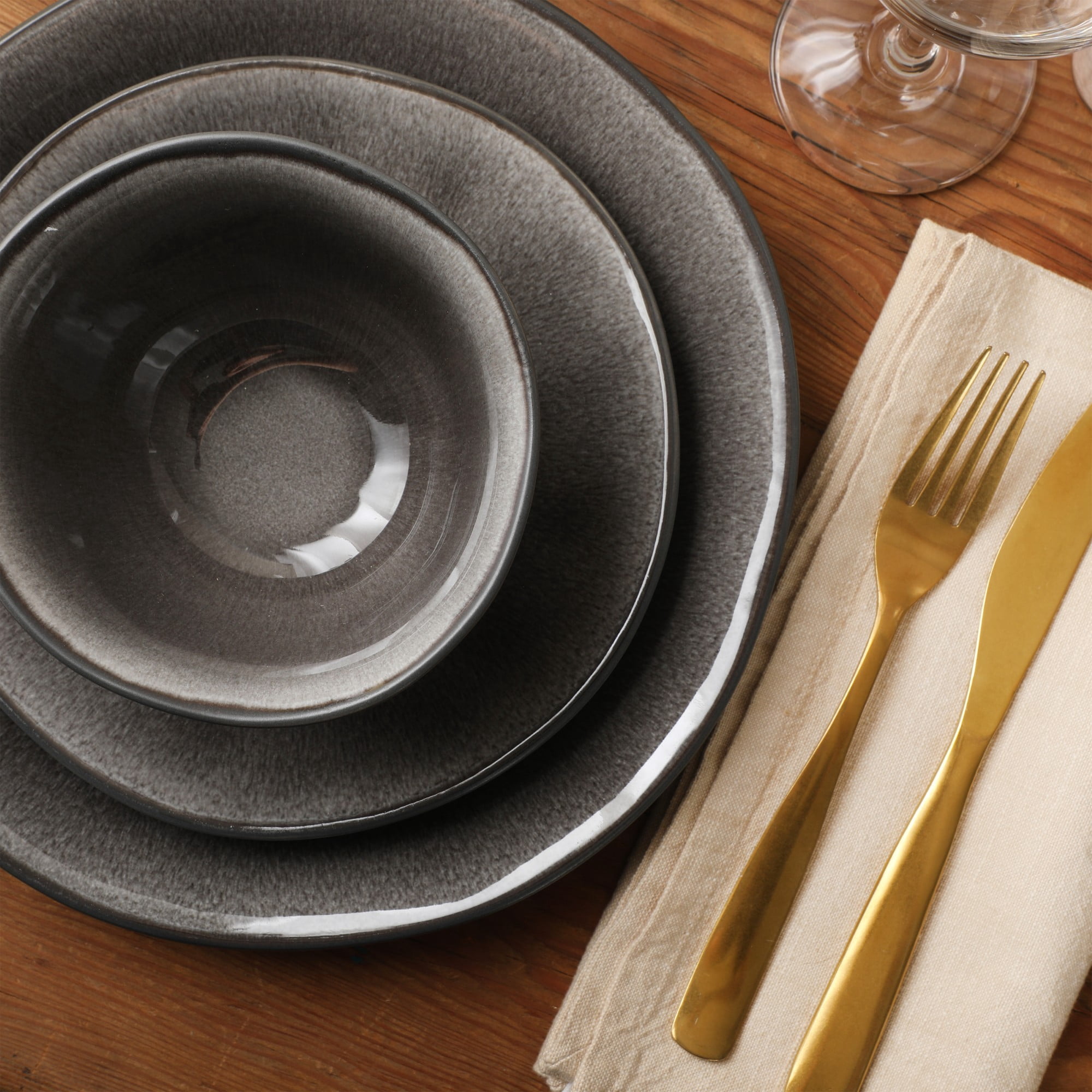 Gibson Elite Port Barton 12-Piece Charcoal Stoneware Dinnerware Set
