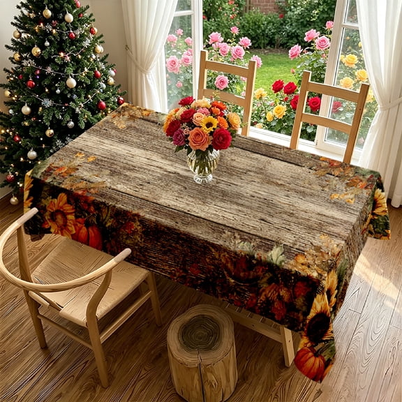 Rustic Fall Sunflower Pumpkin 2D Print Rectangular Tablecloth, Retro Distressed Wood Grain Pattern Cover for Kitchen Dining Room Patio Garden, Christmas Gift Farmhouse Party Decor