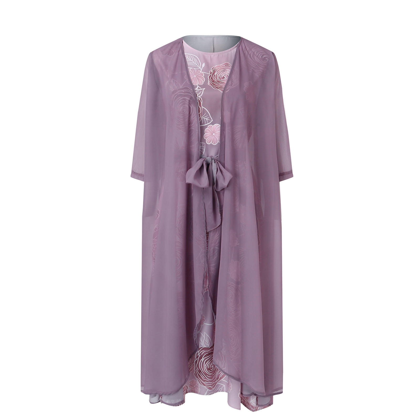 Herrnalise Plus Size Maxi Dresses for Women 2024 Women's Chiffon Dress Bohemian Dress 3/4 Sleeve Floral Embroidered Layered Waist Drawstring Fall Round Neck A Line Dress Purple