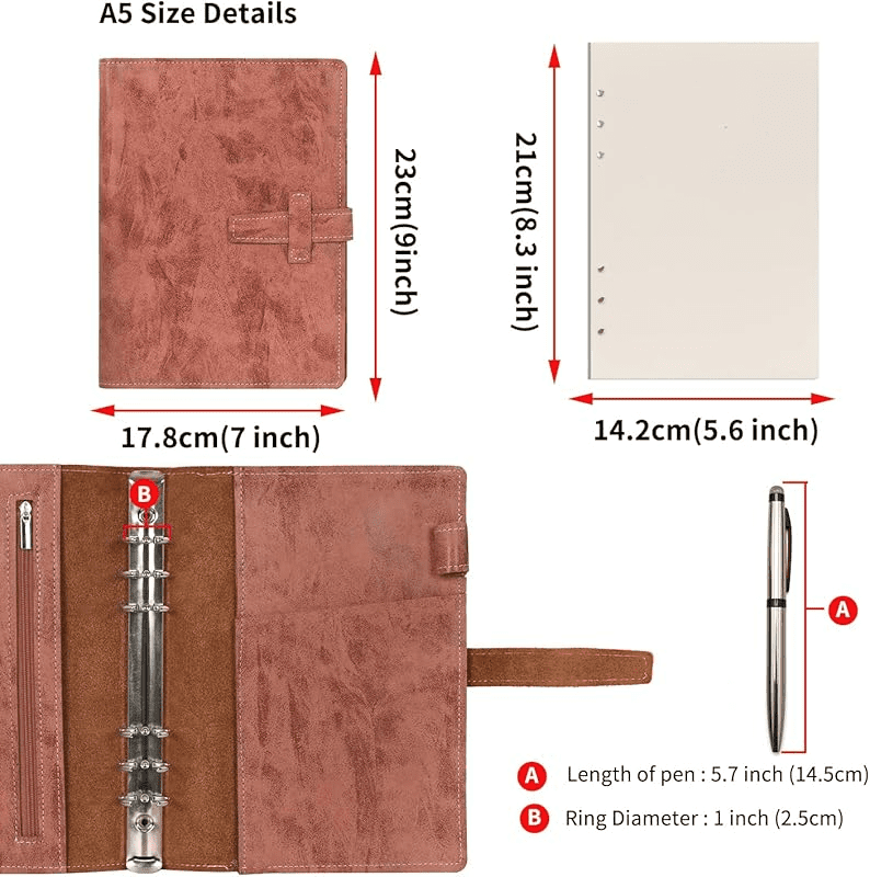 Wonderpool Leather Journal Refillable Binder A6 Writing Notebook Folder Organiser with Dotted Paper & Multi Pockets Cover for Business School Travel (A6, Brown)