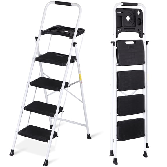 SuperDeal 4 Step Ladder Portable Folding Step Stool Metal Frame with Wide Non-Slip Pedals & Tool Tray – Perfect for Home, Garage & More, White