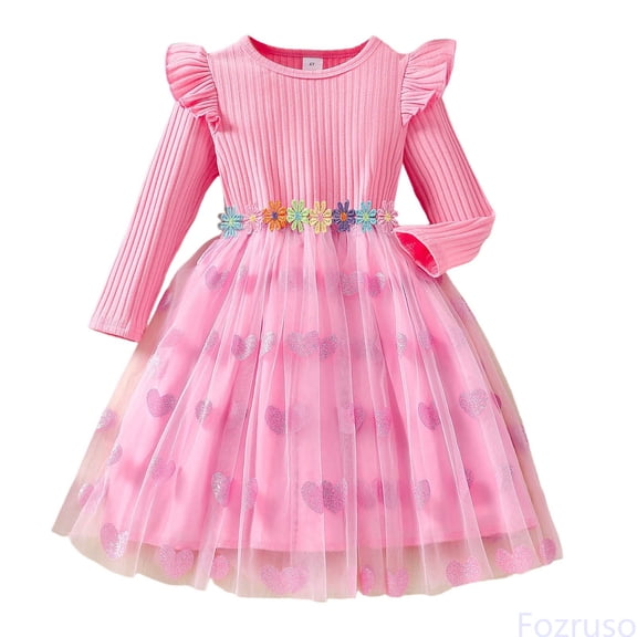 Fozruso Girls Casual Dresses Girls Long Sleeve Party Dress With Floral Lace Heart Mesh Skirt Summer Casual Round Neck Gown Sizes 2-3 Years