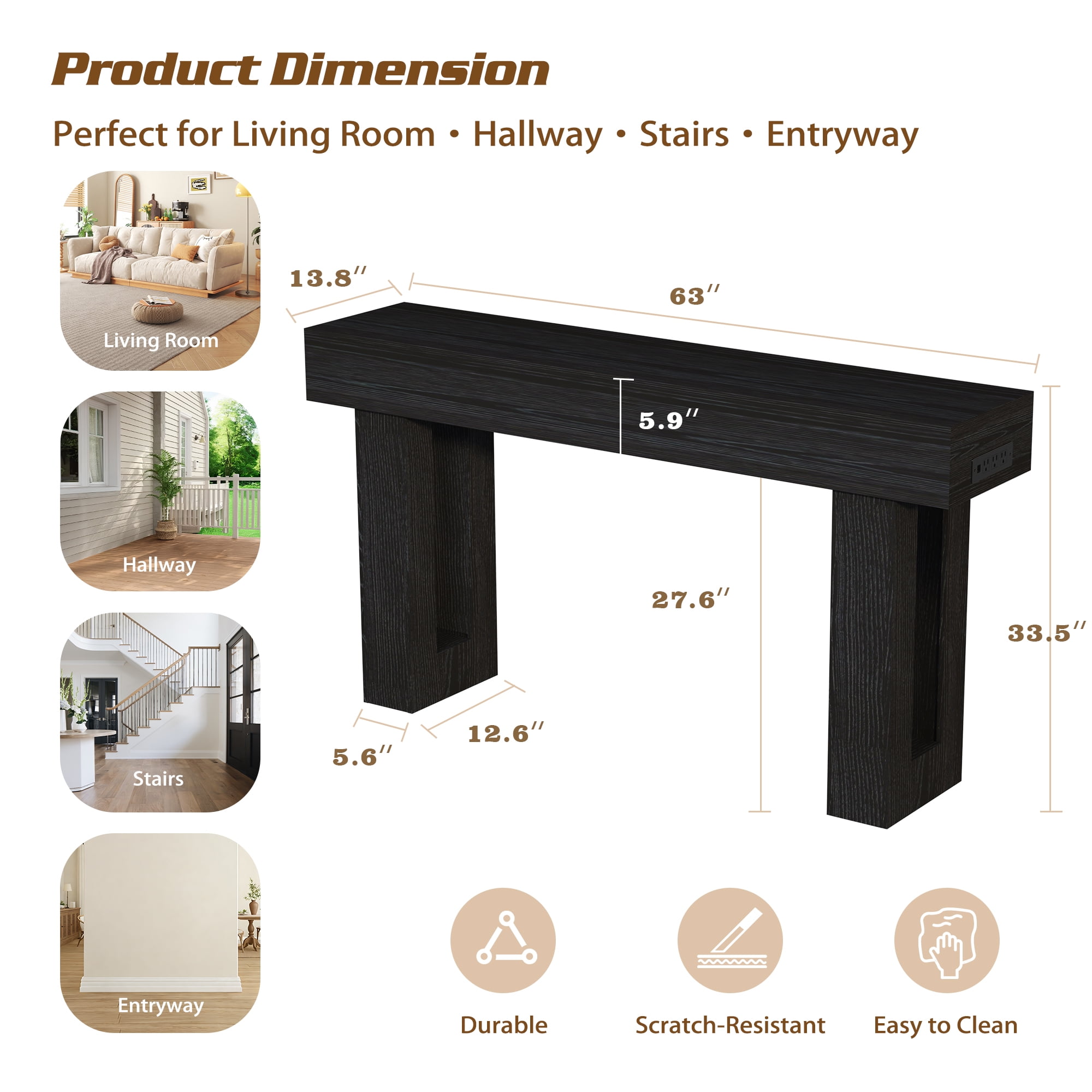 Haverchair 63 Inch Long Console Table with Outlets and USB Ports, Wooden Sofa Table Behind Couch with LED Lights, Farmhouse Rectangular Entryway Accent Table for Living Room, Hallway, Entrance