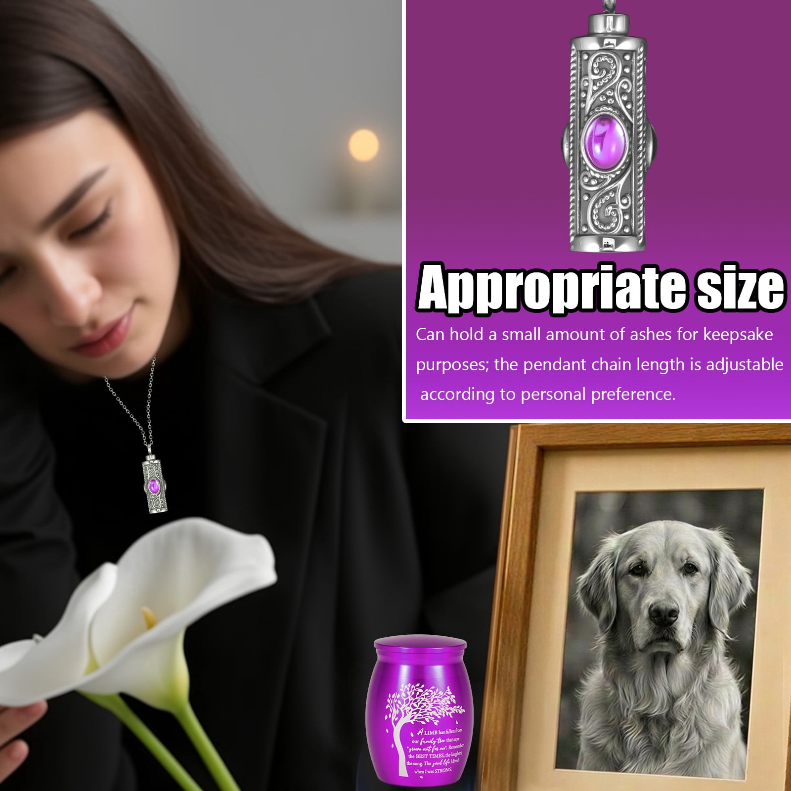 Threns Cremation Urn Necklace for Ashes, Small Cremation Urns for Human/Pet Keepsake Sharing Urns Memorial Ashes Holder-A Limb has Fallen from The Family Tree (8Pcs-Purple)