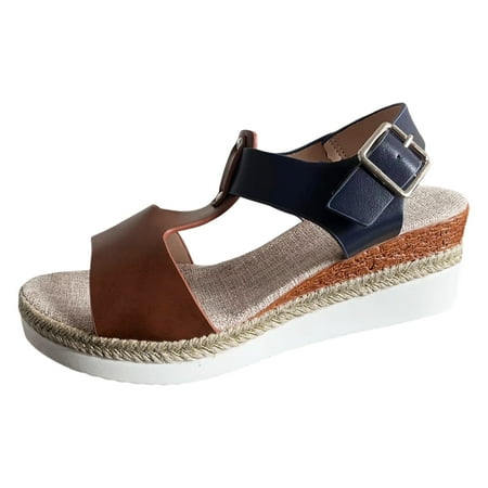 

XDDST Medium Heel Sandals for Women 2024 Ladies Weave Open Toe Buckle Strap Summer Slope Heel Thick Soled Wedges Sandals Brown