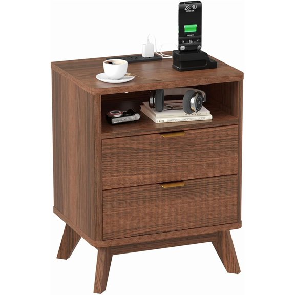 Fluted Nightstand with USB Charging Station 2 Drawer Bedside Table with Shelf Engineered Wood