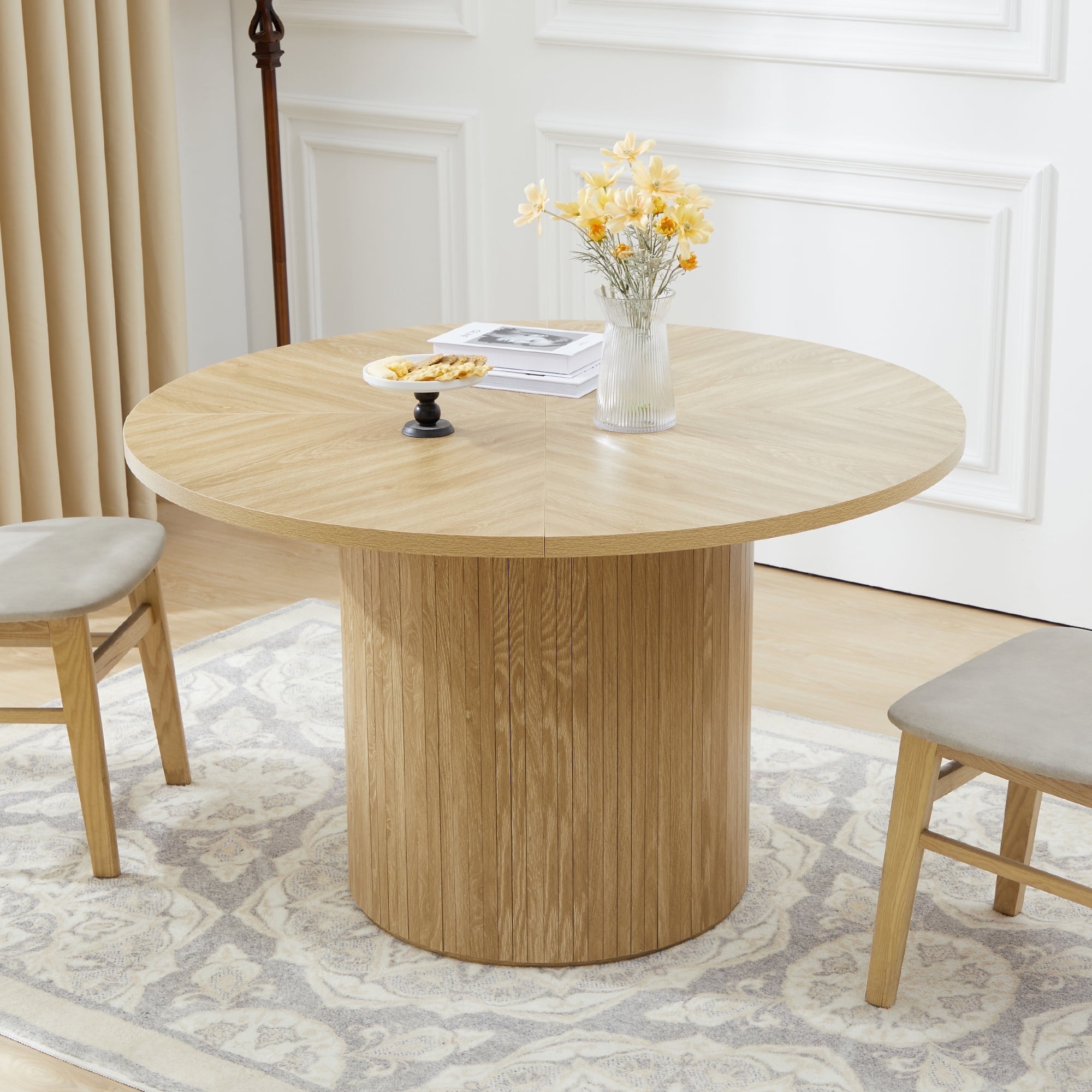 Wirrytor Round Dining Table, Modern Farmhouse Kitchen Table, 47 Inch Circle Dining Tables with Wood Strip Base for Kitchen Living Room (Natural)