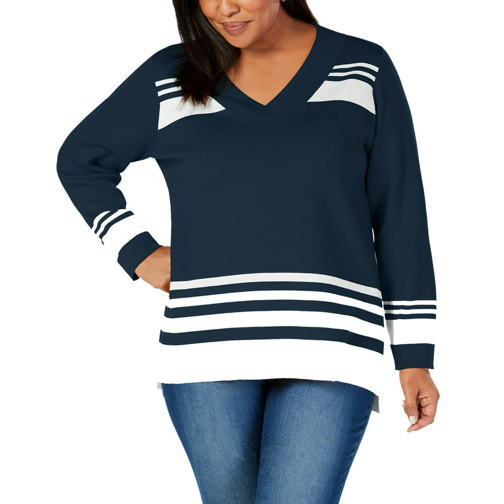 Charter Club - Women's Sweater White Plus Striped V-Neck 3X - Walmart ...