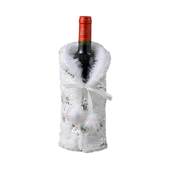 Beautynvta Christmas Wine Bottle Covers Bag, White Plush Dress Clothes Wine Bottle Cover with Silver Snowflake, for Home Dinner Party Festival Table Decor