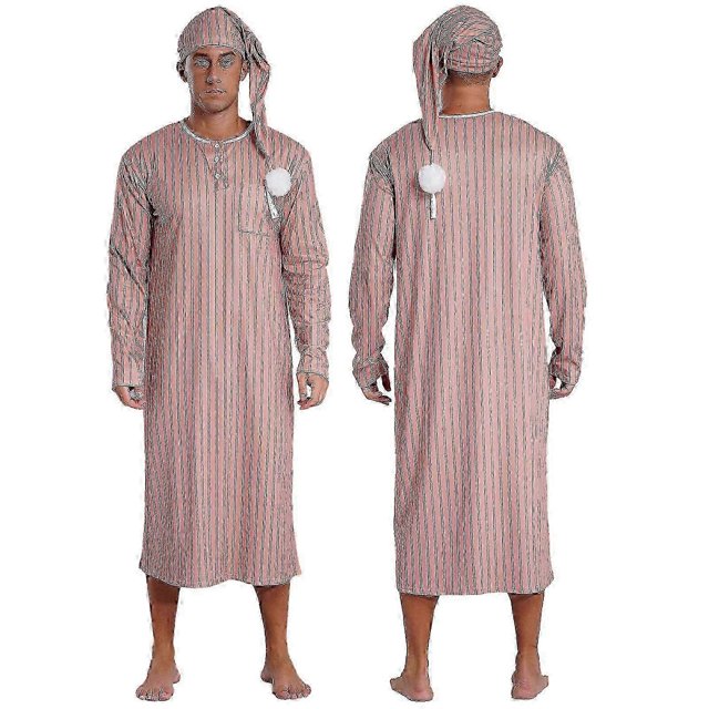 Men's Henley Sleep Shirt Nightgown Striped Big&Tall Long Sleeve Nightshirt with Night Hatc 26s
