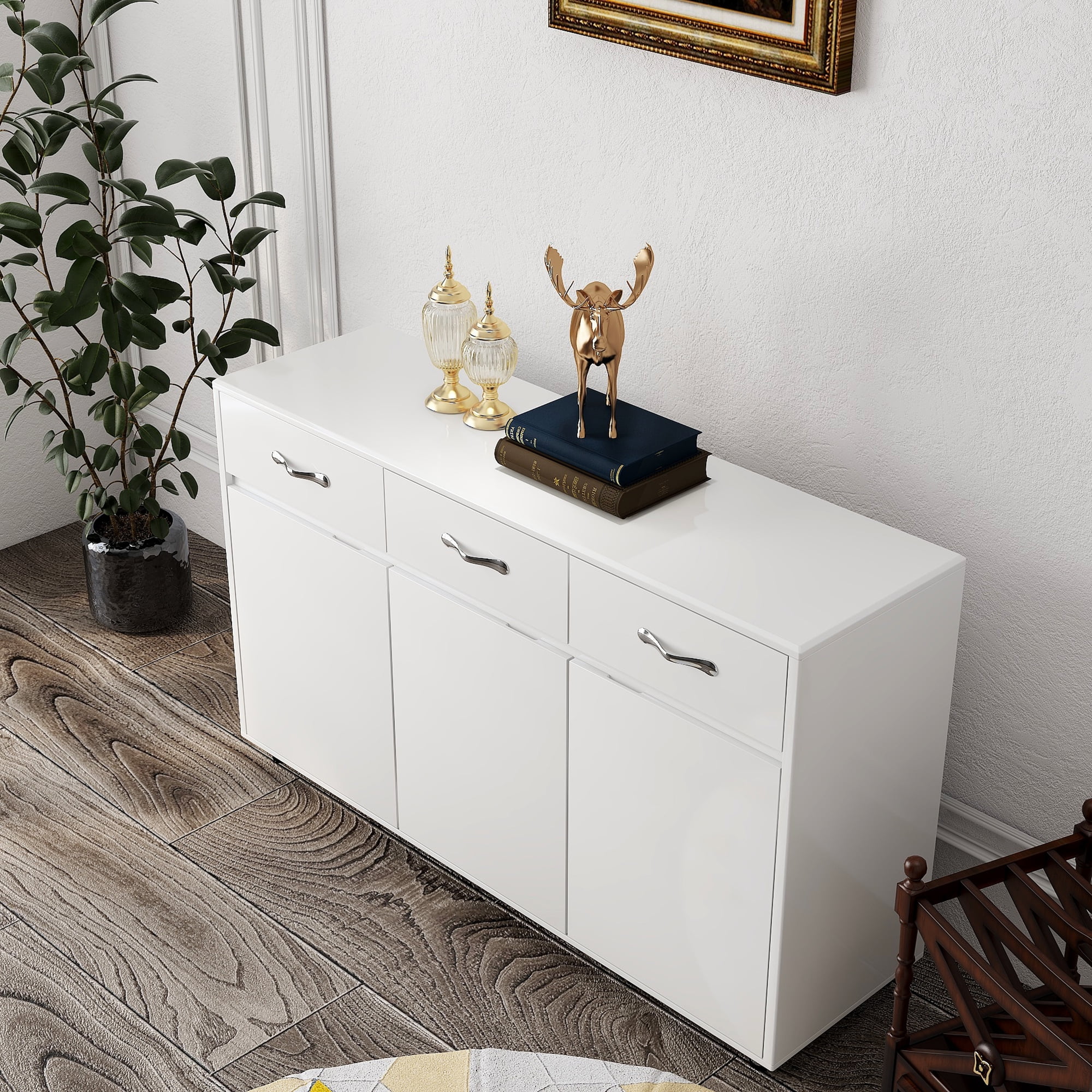 Mintazer Sideboard Buffet Cabinet with 3 Drawers & 3 Doors, Modern Storage Credenza with Adjustable Shelves for Kitchen Dining Room Living Room, White