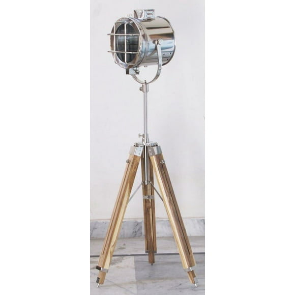 Nautical Chrome Spot Light Searchlight Studio Floor Lamp Teak Wood Tripod Stand