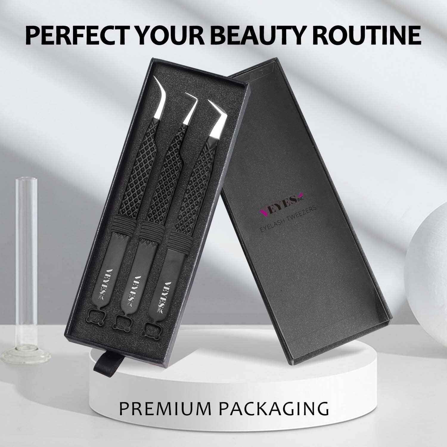 VEYES INC Noir Fiber Lash Tweezer Kit – Black Stainless Steel Tweezers for Precision Lash Application