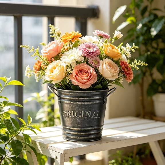 Hyknon 4.9Inch Galvanized Flower Buckets, Small Metal Plant Pot with Handles, Rustic Vintage Vase, French Farmhouse Flower Holder for Indoor Outdoor Cut Flowers Wedding Table Centerpiece Decor, Black