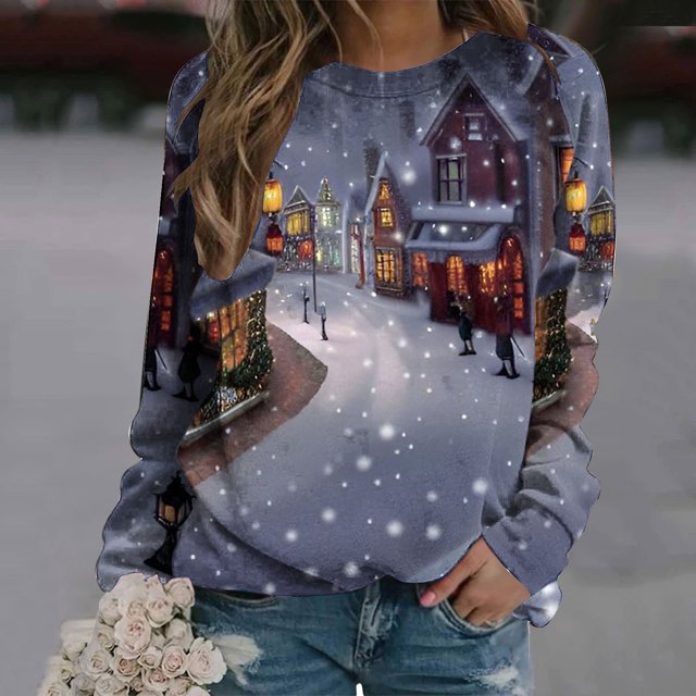 Qiopertar Mode Femmes Imprimé Col Rond Pull Tops Manches Longues Blouse Confortable Chandail en Molleton Offres de la Semaine Liquidation Moins de 5$ jusqu'à 90 % de Réduction