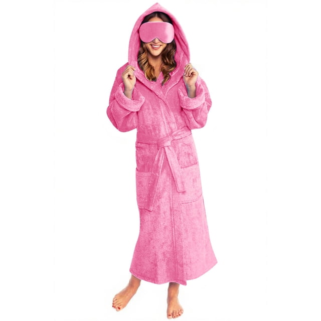 Women's Plush Hooded Fleece Bathrobe with Pockets and Eye Mask Winter Warm Fuzzy Flannel Robe Spa Kimono Full Length Shower Robe Soft Nightgown