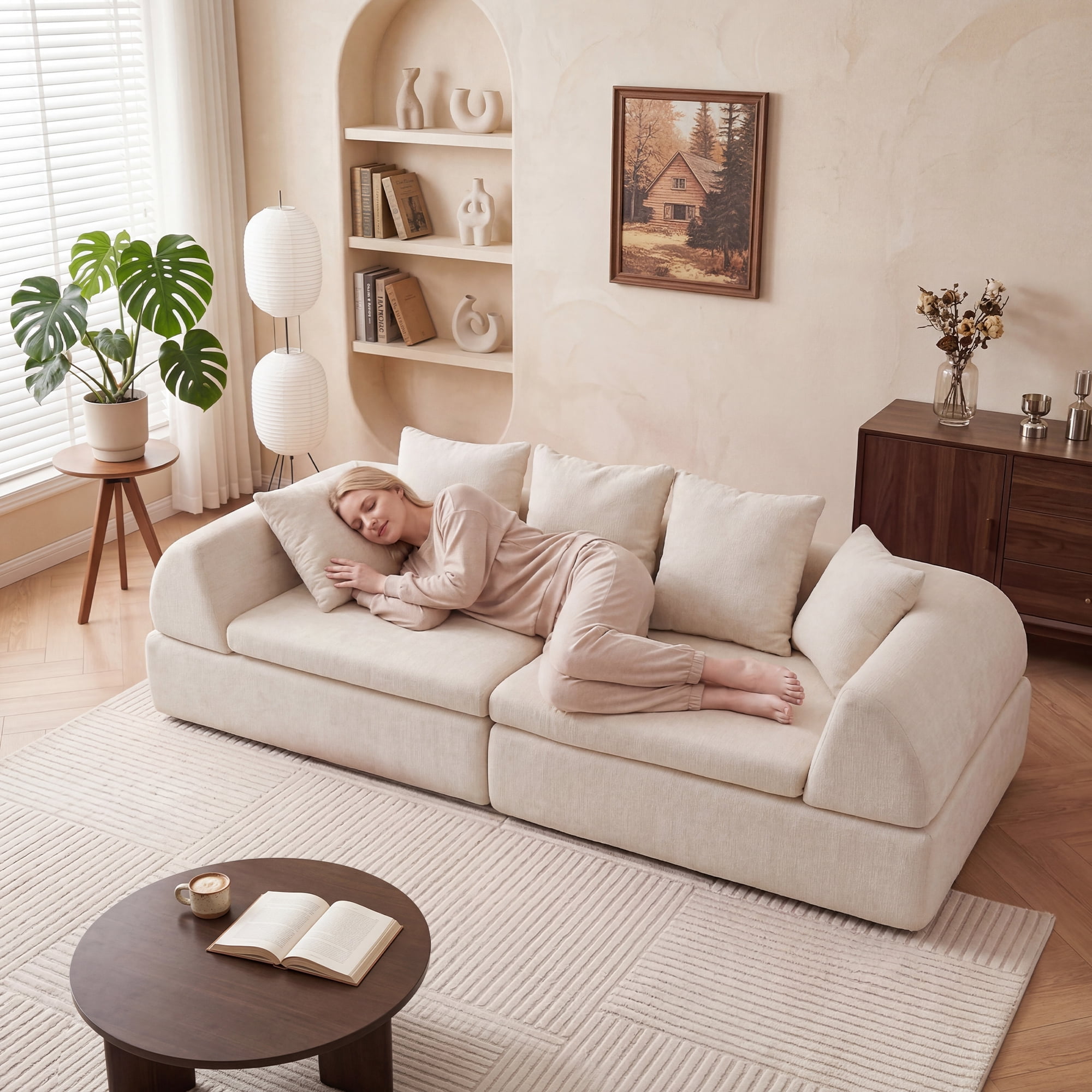 104" Modular Cloud Sectional Sofa with Reversible Ottoman, Vibrant Orange Boneless Couch with Extra Deep Seating
