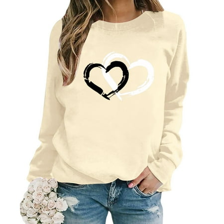 Tiweut Women Casual Valentine s Day Sweatshirt Long Sleeve Crewneck Heart Printed Lightweight Loose Fit Pullover Streetwear Top A-Beige M
