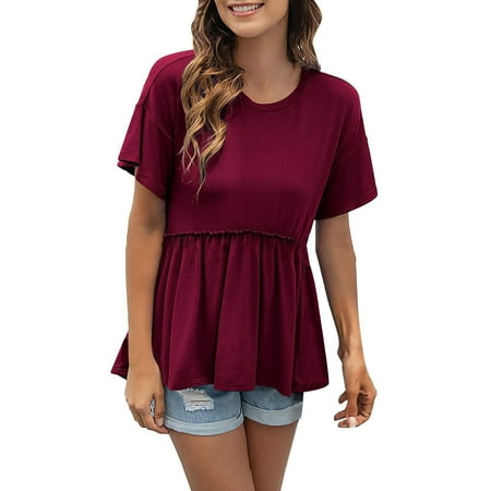 safuny Women s Summer Trendy Babydoll Tops Clearance Solid Lace Tops Short Sleeve Tees V Neck Shirts Button Leisure Vintage Clothing Fashion Red L