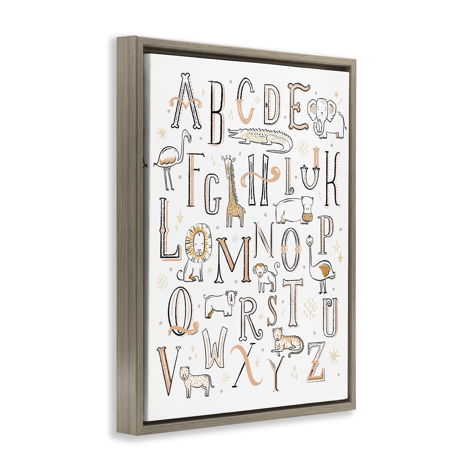 Stupell Industries Nursery Animal Alphabet Chart Art for Kids Painting Brown Floater Framed Canvas Art Print Wall Art, 25 x 31