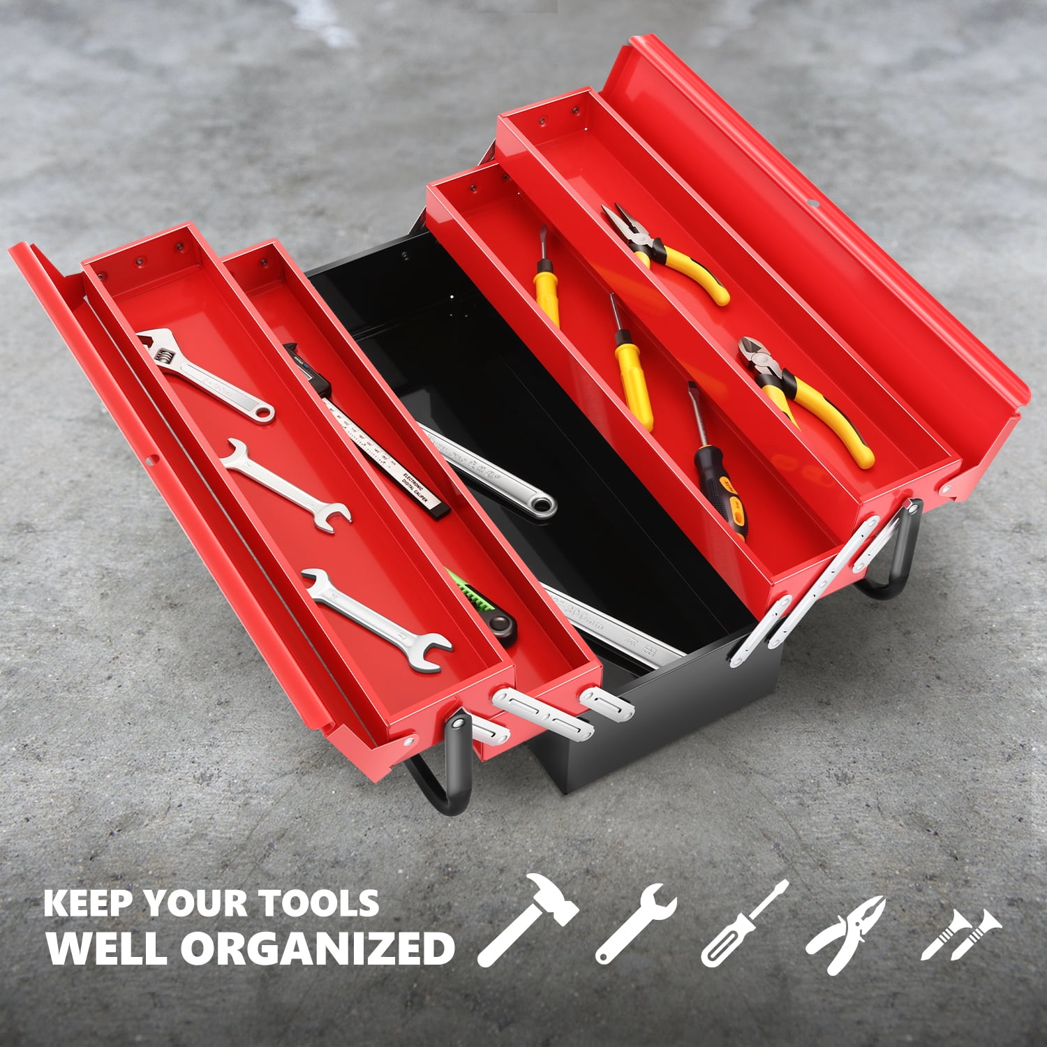 DNA Motoring TOOLS-00412 Red 21" 5 Drawers 3 Level Multifunction Metal Foldable Storage Repair Tool Organizer Box Red w/ Handle
