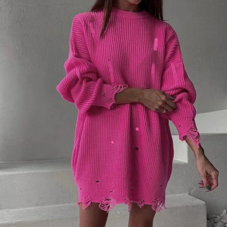 distressed knitted dress Darker Wavs Distressed Knit Sheer Sweater Dress With Long Sleeves