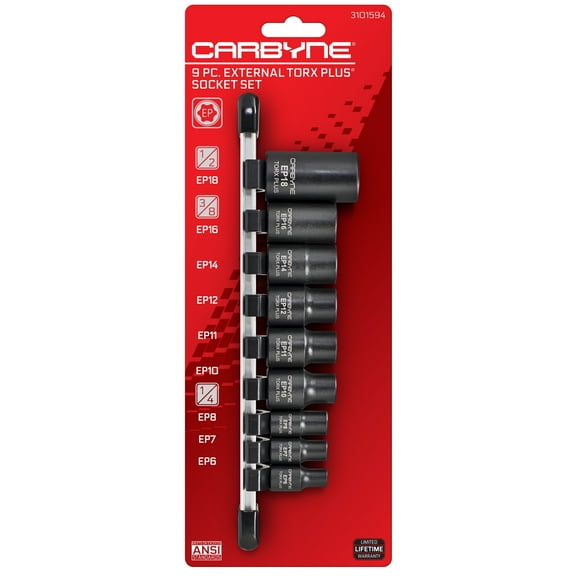 CARBYNE External Torx Plus (eTorx Plus, aka 6 Lobe) Socket Set - 9 Piece, E6 to E18 | Chrome Vanadium Steel, 1/4-inch, 3/8-inch & 1/2-inch Drive